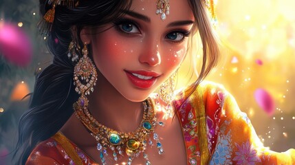 Fantasy character of a young brunette woman in colorful traditional attire with sparkling oriental jewelry playfully looking at the viewer