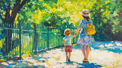 Playful mother and child by a vibrant green fence in a sunny park scene