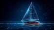© Sea - Digital polygonal 3d illustration of yacht in the sea. Yachting sport, sailing, business, travel concept in dark blue. Abstract vector mesh wireframe consisting of lines, dots and flying particles
