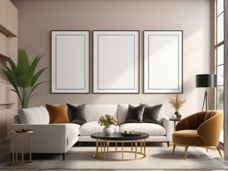 Sticker - poster frame mock-up on modern living room interior. minimalist fucnitures