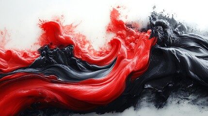 Canvas Print - Abstract red and black paint swirls on a white background.