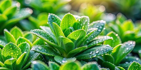 Canvas Print - Close up of a vibrant green plant with dew drops in a garden , plant, nature, garden, close up, vibrant, green, leaves, fresh