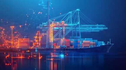 Digital polygonal cargo sea port. 3d ship, port crane and containers in dark blue. Container ships, transportation, logistics, business or worldwide shipping concept. Abstract vector mesh illustration