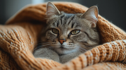 A cat is curled up in a blanket, looking at the camera