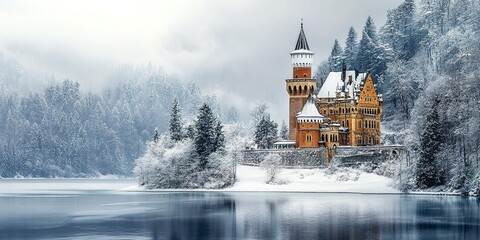 Canvas Print - Castle on winter landscape architecture building.