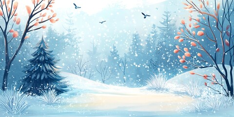 Wall Mural - Winter nature background, Illustration, cartoon, hand-drawing