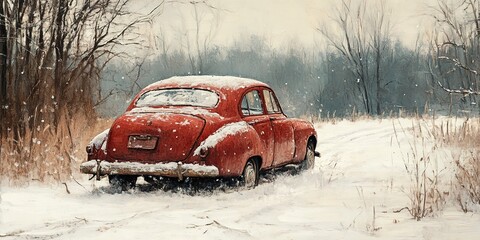 Canvas Print - The red car in winter