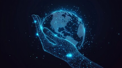 hand touching Earth low poly. Digital low poly mesh wireframe with connected dots, lines, stars and shapes