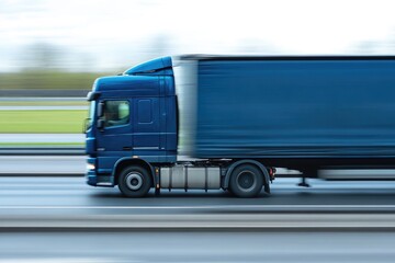 Side view of a transport truck moving at high speed on an empty highway, with motion blur to enhance the feeling of rapid transportation