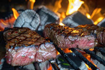 Wall Mural - Mouth-watering beef steak being barbecued, fire in the background