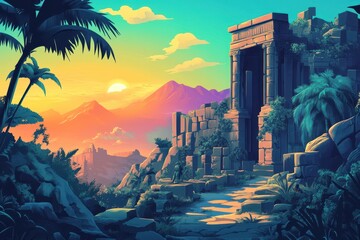 Ancient Ruins and Palm Trees at Sunset with a Mountainous Background