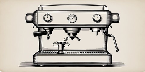 A black and white hand-drawn artistic representation of an espresso machine, featuring knobs and gauges. The detailed illustration showcases the mechanical design of the machine- wallpaper, background