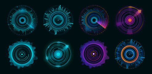 Round circle futuristic chart and HUD interface dashboard elements, vector infographic diagrams. HUD radar scans and sonar detectors with target aim monitor for dashboard info data charts and graphs