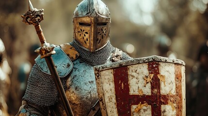 A Medieval Knight in Full Armor Holding a Sword and Shield