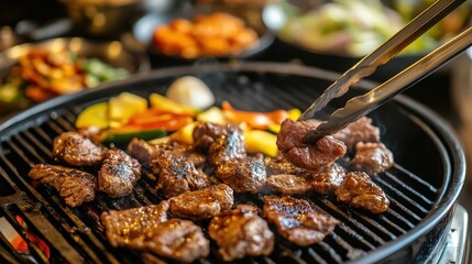 Sizzling Korean BBQ Delight: Close-up of Meats and Vegetables on the Grill with Side Dishes in Background