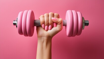 a closeup view of the hand of a young lady holding a pink color dumbbell with a pink color backgroun