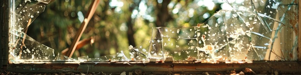 Canvas Print - Blurred broken glass on a damaged window with a wooden frame in an abandoned and vandalized building