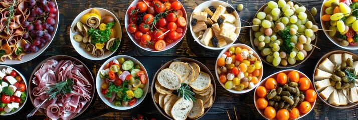 Canvas Print - Elegant banquet spread showcasing a variety of delicious appetizers, including canap�s, salads, and charcuterie, at a festive celebration.