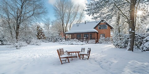 Canvas Print - Back yard of house, trees and standing outdoor furniture covered in snow. Snowy winter day, cold weather season