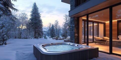 Sticker - Modern winter spa resort with a heated outdoor hot tub, offering stunning views of a snowy landscape