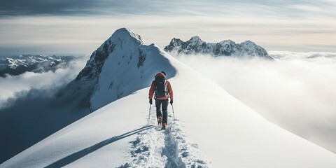 Canvas Print - A person hiking up a snow-covered mountain with a determined expression, offering possibilities for winter sports or adventure themes