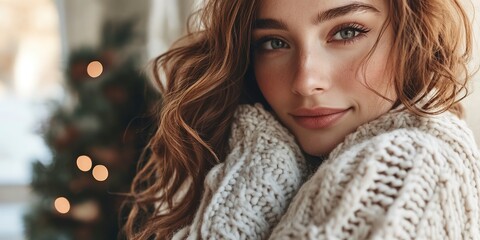 Poster - woman indoor portrait. Young beautiful woman in warm knitted clothes at home. fashion. Autumn, winter