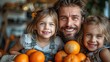 © Huy - father with two daughters sitting on sofeating oranges single father buyingfirst house for his family big milestone,home ownership concept