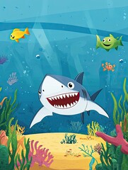 Poster - A Smiling Shark in a Vibrant Underwater Scene