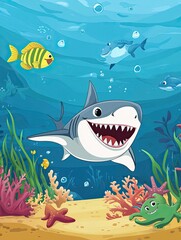 Poster - A Smiling Shark with Other Ocean Creatures in a Coral Reef