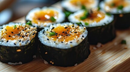 Wall Mural - Close-up of Sushi Rolls with Orange Filling and Sesame Seeds