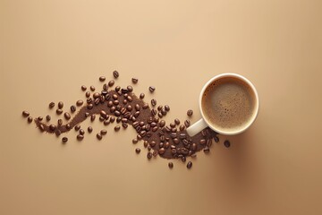 coffee cup and coffee beans on brown background, top view