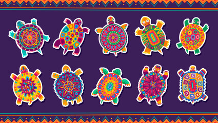 Mexican turtle stickers. Vector set of bright Mayan and Aztec tortoise animal totems with ethnic ornamental patterns. Cartoon reptile patches in funny alebrije style, turtles with Mexico folk motifs