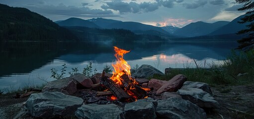 Wall Mural - Campfire by the Lake with Mountain Views