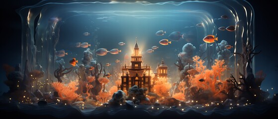 Wall Mural - Halloween card showcasing underwater alien city where 3D translucent ghostly sea creature swim through bioluminescent 2D structure made of living coral left side left blank defined 2D current of