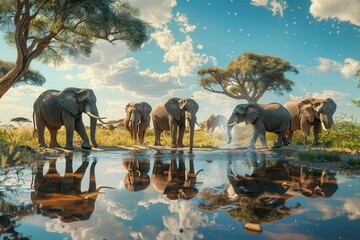 Poster - Elephants drink and socialize around a shimmering waterhole, reflecting their majestic forms in the water under a clear blue sky. Generative AI