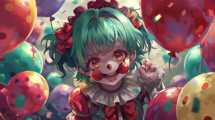 A cheerful anime clown with green hair and playful makeup warmly greets everyone, surrounded by vibrant balloons at a joyful event