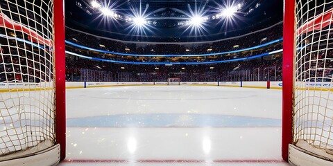 A professional ice hockey rink is shown featuring an empty goal with bright arena lights and a lively audience in the background for an exciting sports atmosphere 