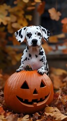 Wall Mural - Adorable Dalmatian puppy dressed up in a cute Halloween costume surrounded by a spooky pumpkin backdrop  The playful dog has a mischievous expression capturing the spirit of the holiday season