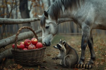 Wall Mural - Equine Alliance: Horse and Raccoon Share Apple Bounty