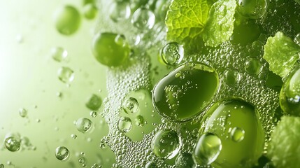 Wall Mural - Closeup of green leaves and water droplets on a white background.