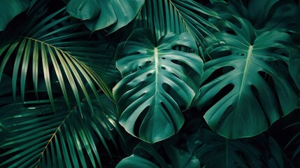 closeup nature view of green leaf and palms background. Flat lay, dark nature concept, tropical leaf, ai