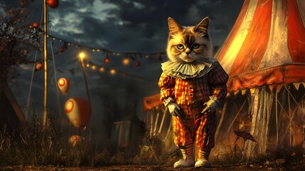 Wall Mural - Creepy Ragdoll Cat in Clown Costume Standing Next to Haunted Carnival Tent on Halloween Night  Bizarre and Surreal Scene with Supernatural Elements