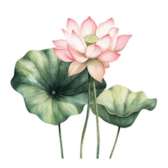 Wall Mural - Beautiful watercolor painting of a pink lotus flower with large green leaves, perfect for decoration or design inspiration.