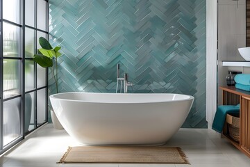 bathtub in modern bathroom with green tile wall. 3d rendering - generated ai