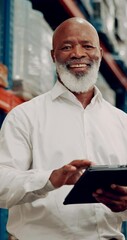 Sticker - Tablet, warehouse manager and face of happy black man in shipping industry to check inventory. Factory, technology and portrait of mature supervisor working on app for logistics, export or inspection