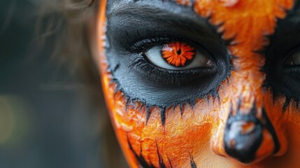 Close-up of a person's eye with striking orange and black face paint for a festive Halloween celebration.