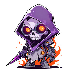 Wall Mural - A cartoonish skeleton with a purple hood and a knife in his hand