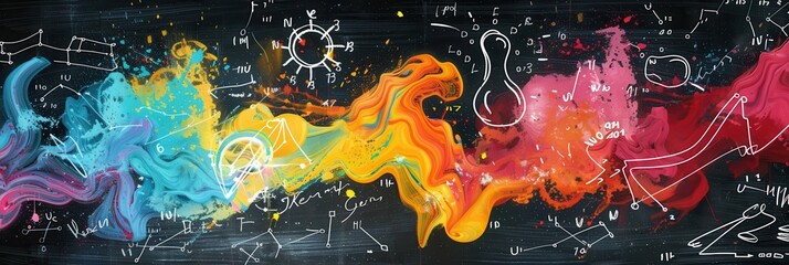 Poster - A vibrant chalkboard showcases colorful waves of chalk with integrated scientific formulas and diagrams, enhancing the educational environment. Generative AI