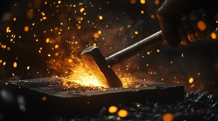 a powerful labor day image showcasing a blacksmiths forge, with glowing hot metal being shaped on an