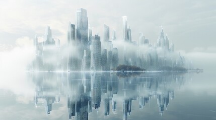 Wall Mural - Futuristic city where buildings are made of translucent energy fields constantly shifting and changing shape with the flow of time on a plain white background